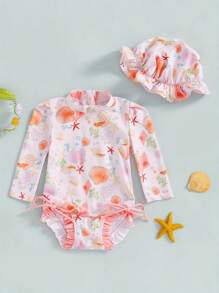 Baby Girl Rash Guard Swimsuit Floral/Shell Print Long Sleeve Mock Neck Bathing Suit With Hat 2 Pcs Set - Ivory - View 2