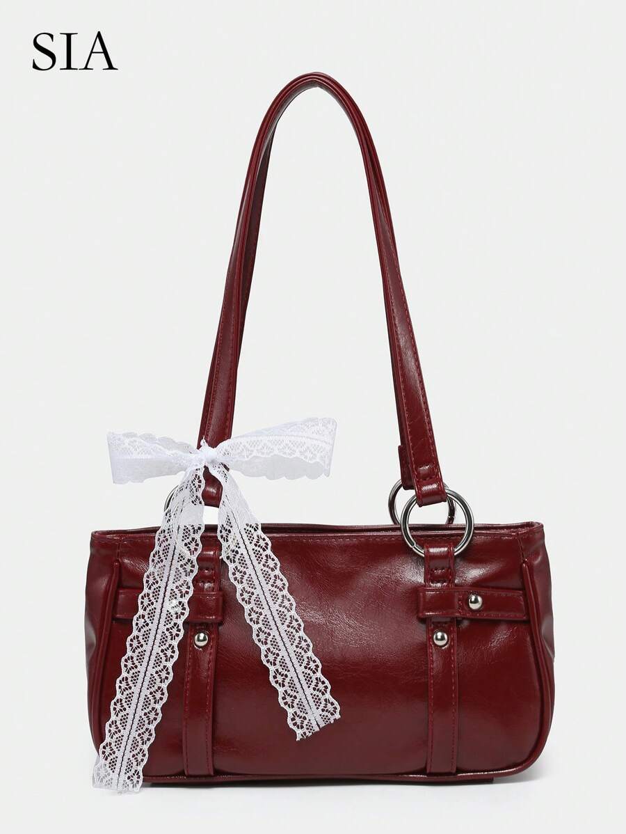 1pc Women's Lace Bow Ballerina Style Open Top Underarm Vintage Y2K One Shoulder Baguette Bag, Suitable For Going Out And Dating - 酒紅色 - 查看 1