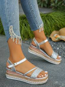 银色编织坡跟凉鞋，带铆钉装饰，厚底，高跟，系带，适合女士，夏季日常穿着，随机图案