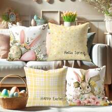 4pcs Easter Decorative Throw Pillow Covers, Happy Floral Easter Pillow Covers, Easter Egg Rabbit Ear Plaid Bunny Cushion Covers, Cute Yellow, Pink, Brown Velvet Pillowcases Single-Sided Printing 45x45cm Gifts Birthday Graduation