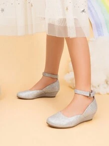 Girls Wedding Shoes | Dress Flats With Low Wedge Heel & Flower Ankle Strap For Toddler To Big Kid - Silver - View 3