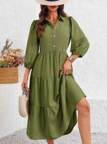 2026 Popular Fall Maxi Shirt Dress V Neck Vestidos Elegantes De Mujer Button Down 3/4 Sleeve Tiered Collared Flowy Design - 軍綠色 - 查看 2