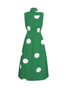 2025春秋新款休闲时尚通勤简约波点V领长款喇叭连衣裙，适合女性穿着，秋季，秋装，女士秋季连衣裙，女士秋季套装，秋季服装，商务休闲女装，商务休闲，复古女装，复古服装，商务休闲女装，女士办公室套装，女士职业装