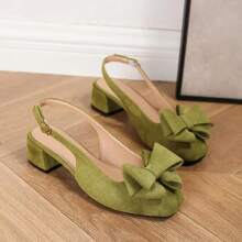 Square Toe Bowknot Chunky Heel Open Back High Heels For Women - Army Green - View 3