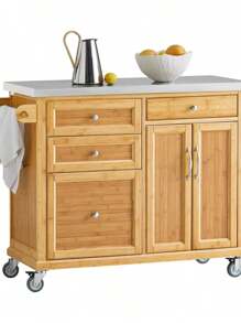 Kitchen Trolley, Kitchen Island, Kitchen Cabinet Made Of Bamboo With Stainless Steel Worktop, Serving Trolley - Brown - View 1