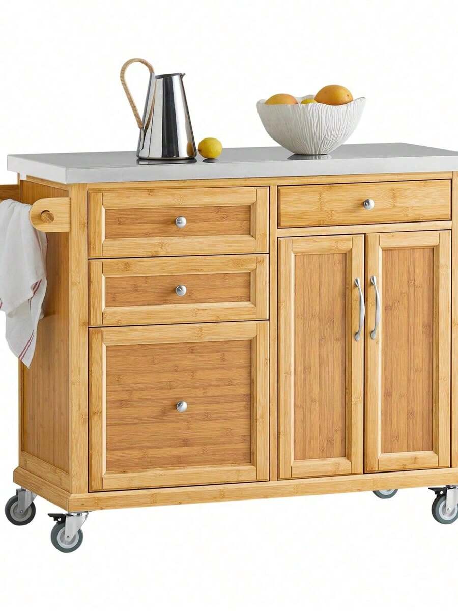 Kitchen Trolley, Kitchen Island, Kitchen Cabinet Made Of Bamboo With Stainless Steel Worktop, Serving Trolley - Brown - View 1