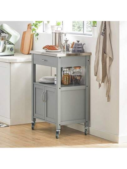 SoBuy FKW22 SCH, Kitchen Trolley Cart Storage Serving Cabinet Stainless Steel Worktop view 3