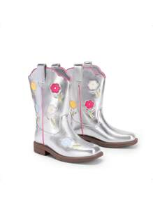Girls Cowgirl Boots Kids Mid Calf Western Boots Riding Shoes For Toddler/Little Kid/Big Kid - 銀色 - 查看 5
