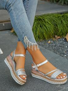 银色编织坡跟凉鞋，带铆钉装饰，厚底，高跟，系带，适合女士，夏季日常穿着，随机图案