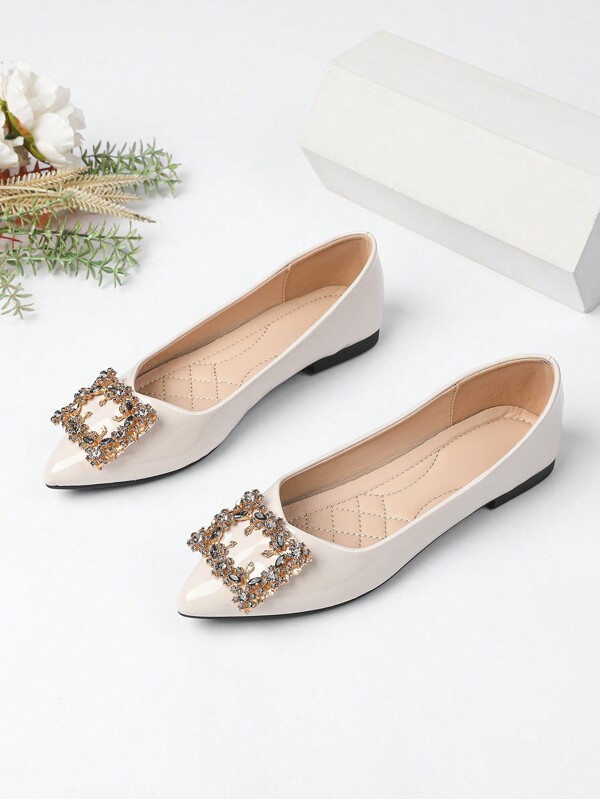 2025 New Almond-Color Pointed Toe Crystal Buckle Soft-Sole Comfortable Versatile Shallow Slip-On Plus Size & Extra Plus Size Casual Work Shoes For Women, All Season