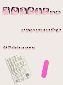 24片短方形美甲贴片，瞬间提升您的美甲档次！优雅时尚的粉色、白色花卉、白色波点、粉白条纹、黑色法式假指甲，简约白色、粉色、蜜桃色全覆盖人造指甲贴片，适合女性和女孩。内含1张粘性贴纸和1个迷你指甲锉。果冻胶材质，随机发货。美甲用品。 - 黑色 - 查看 2