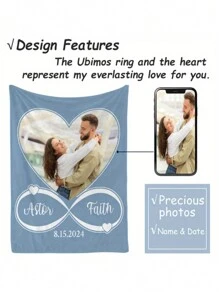 Custom Photo Blanket With Text, Personalized Picture Throw, Contemporary Style, All-Season Flannel Knit Fabric, 260-300gsm, Ideal For Couples, Valentine's, Birthday, Anniversary Gift, Personalized Blanket