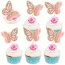 12Pcs Light Red Butterfly Cupcake Toppers - Double Layer Glitter Decorations For Baby Showers, Weddings, Birthdays, Gender Reveals & More - Multicolor - View 4