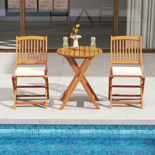 Lifezeal Outdoor Folding Chairs Set Of 2 Acacia Wood High-Back Chair With Seat Cushions Beige/Red/Navy - 米色 - 查看 4
