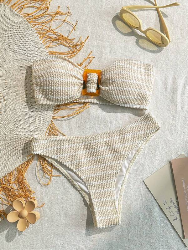 2pcs Graduation/Independence Day Ribbed Fabric Bikini Set