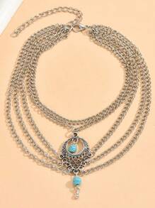 1pc Bohemian Vintage Silver Plated Layered Chain Anklet With Turquoise Bead Pendant, Elegant Hollowed Out Women's Foot Jewelry, Fashion Accessory For Summer Holidays, Beach Parties, Music Festivals - Silver - View 3