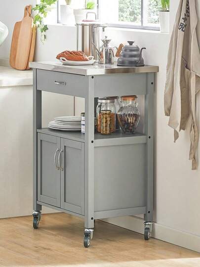 SoBuy FKW22 SCH, Kitchen Trolley Cart Storage Serving Cabinet Stainless Steel Worktop