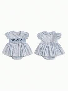 Newborn Baby Girls Summer Romper Dress Bow Embroidery Floral Print Short Sleeve Sweet Princess Dress - 藍色 - 查看 2
