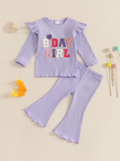 Toddler Girls Birthday Outfit 2PC Set - Flying Sleeve Letter Embroidery Top  Solid Flared Pants Celebration Party Set
