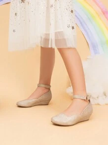 Girls Wedding Shoes | Dress Flats With Low Wedge Heel & Flower Ankle Strap For Toddler To Big Kid - Vàng - Xem 3