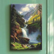 Wrapped Framed Canvas Vintage Wall Art Serene Waterfall Painting - Artful Home Decor For Living Room, Bedroom, Bathroom, Office