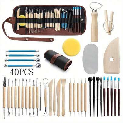 40pcs Premium Ceramic Tools Kit For Pottery, Sculpting & Clay Art - Complete Set With Dotting Tools, Modeling Brushes & Portable Waist Bag - Ideal For Adults & DIY Craft Lovers, Perfect For Valentine's Day, Christmas, Halloween Decorations, Gift For Artists & Craft Beginners, Birthday And Holiday Gift For Family