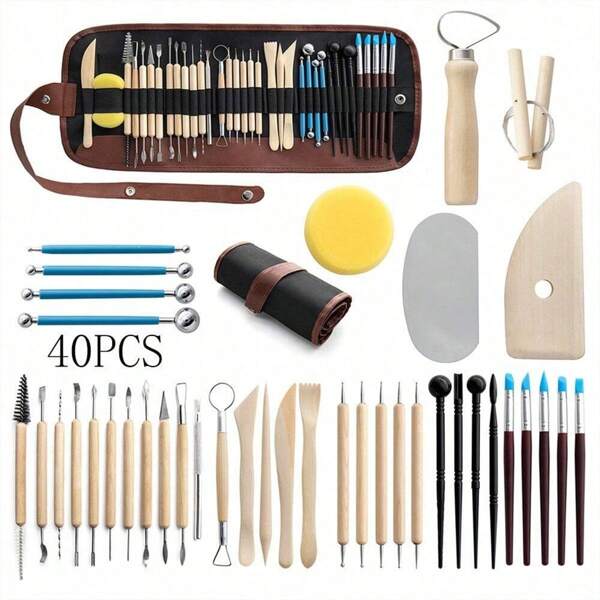 40 Stück/Set Keramik Werkzeugsatz zum Modellieren, Formen und Schnitzen - enthält 7 Stück Kugel Stylus Stippwerkzeuge, 7 Stück doppelseitige Detailwerkzeuge, 4 Stück Holz Stippwerkzeuge Messer, 5 Stück Silikon Gummistifte