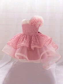 Baby Girls Embroidered Ruffle Tulle Cute Party Trailing Dress, Suitable For Flower Girl, Wedding, Birthday, Does Not Include Headband - Dusty Pink - View 4