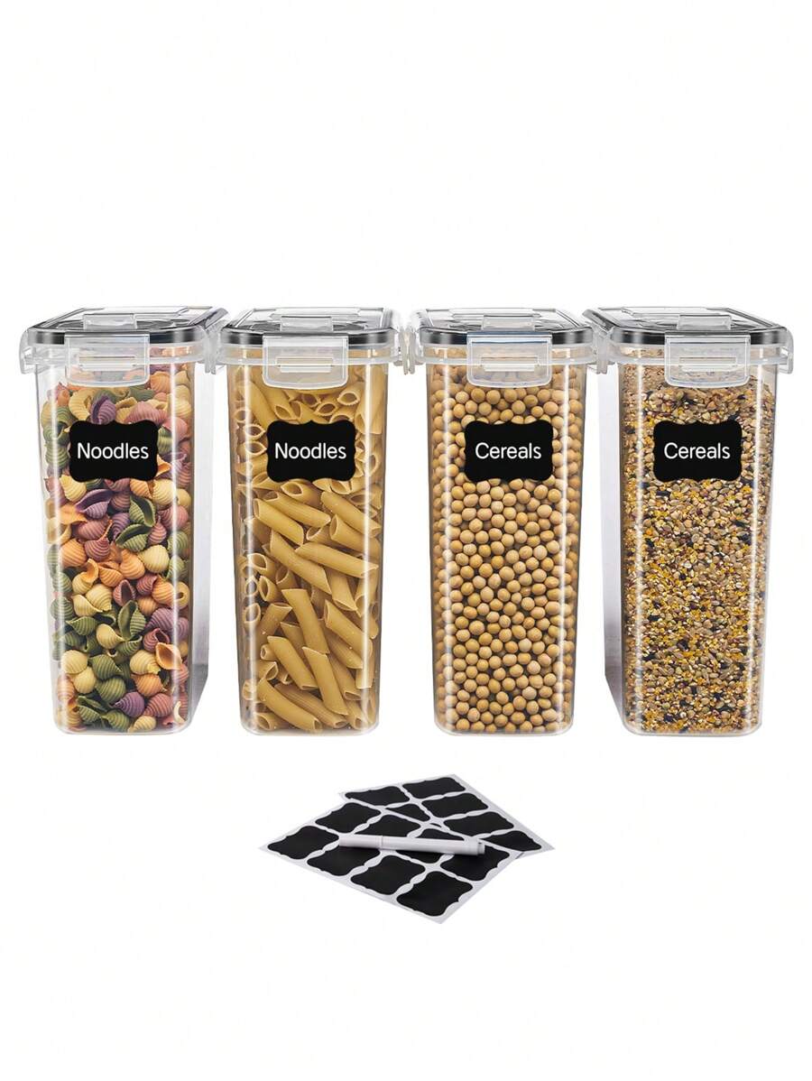 4 pezzi 4,5L/4L Contenitori per alimenti ermetici con coperchio, lattine per alimenti secchi prive di bisfenolo A, lattosio, cereali, pasta, farina e zucchero per organizzazione e conservazione, etichettati, lavabili in lavastoviglie, barattoli di plastica per la conservazione degli alimenti, utensili da cucina domestica - Bianco e nero - Visualizzare 1