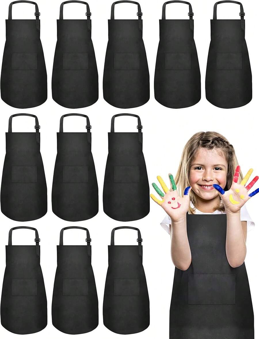 12 Pack Kids Aprons Bulk With 2 Pockets Adjustable Chef Art Apron Kids Painting Aprons For Cooking Baking Crafting Grilling For Boys Girls Age 6-13 Years - 黑色L碼 - 查看 1
