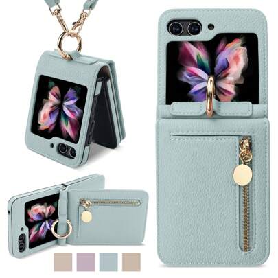 PU Leather Zipper Phone Case With Card Slots And Strap, Compatible With Samsung Galaxy Z Flip3/Flip4/Flip5/Flip6