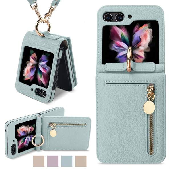 PU Leather Zipper Phone Case With Card Slots And Strap, Compatible With Samsung Galaxy Z Flip3/Flip4/Flip5/Flip6
