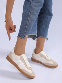 Women's Red Black Leopard Beige Gold Retro German Trainers – Lace-Up Low-Top Casual Sneakers [Size Up Half Size] - 米色 - 查看 2