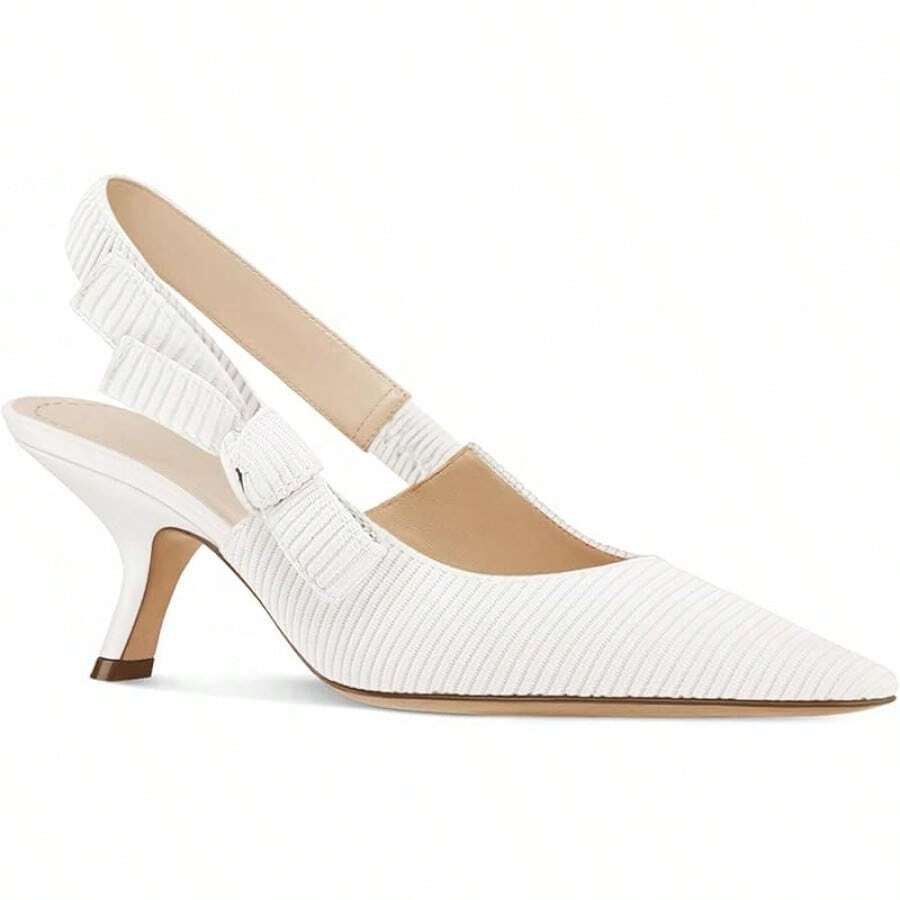 Womens Slingback Kitten Heels Closed Pointed Toe Bowknot Knitted Slip On Work Pumps Dress Shoes,, Stylish - 白色 - 查看 1