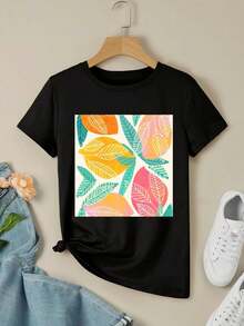 Mango Party Abstract - A Colorful Fresh And Playful Tropical Fruit Design With Leaf Pattern For Women's Women T-Women's Shirt Abstract Colorful Fresh Fruit Leaf Nature Pattern Playful Tropical Vibrant - Black - View 3