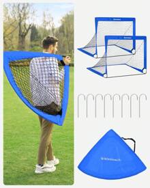 SONGMICS Set Of 2 Football Goal Foldable Football Net Quick Set Up Garden Classes Fiberglass Frame Oxford Polyester, Blue - Blue - View 2