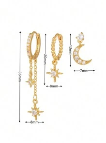 rakol 6pcs Set Elegant Shiny Copper-Tone Cubic Zirconia Star & Moon Earrings Set, Gift For Women - Style 1 - View 11