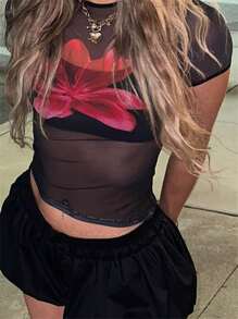 Women Floral Mesh Tops Slim See Through Round Neck Short Sleeve Crop T-Shirt Summer Streetwear Tees - Black - View 1