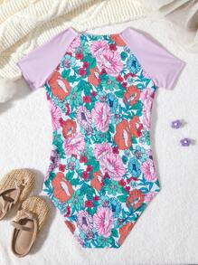Tween Girl Floral Patchwork Zipper One-Piece Swimsuit For Summer Beach Vacation - Multicolor - View 5