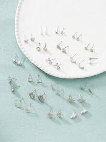 20 Pairs Fully Rhinestone Heart & Bowknot Stud Earrings Set - Silver - View 2