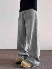 Men's Streetwear Loose Fit Light Grey Jeans - Light Grey - View 4