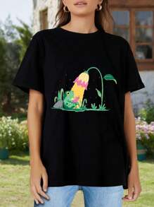 Cozy Night Off Cute Illustration Of A Frog Under A Flower Lamp With A Whimsical Glow For Reading In Nature - Cozy Cute Flower Lamp Frog Glow Illustration Nature Night Reading Whimsical For Women's Women's T-Women Shirt - 黑色 - 查看 2
