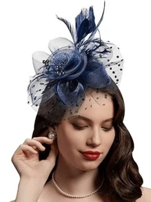 1 Piece Navy Blue Fascinators Hat For Women Tea Party Headband Kentucky Derby Wedding Flower Cocktail Mesh Feathers Hair Clip
