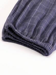 [PONX]2pcs/Set Men Open Front Short Sleeve Pajamas Top And Long Pants, Breathable Moisture-Wicking Home Suit - Navy Blue - View 8