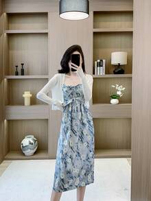 RUIWY 2pcs Spring Women Fashion Elegant Apricot Knitted Sweater & Bowknot Print Blue Dress Set - Blue - View 9