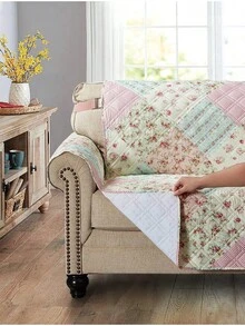 Pink And Green Patchwork Couch Cover, Quilted Large Sofa Slipcover, 70 Width, Slip Resistant Furniture Protector, 2 Strap, Washable Dog-Friendly Couch Cover, Design