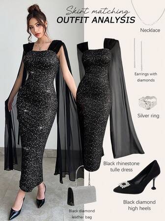 Elegant Black Shiny Bandeau Scarf Decor Women's Dress