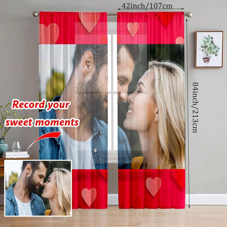 2 件定制遮光窗帘套装，个性化心形设计和照片，柔软涤纶，可机洗，适合所有季节，非常适合卧室、办公室、客厅、厨房隐私，非常适合情侣、周年纪念日、情人节