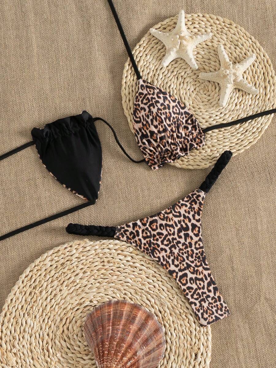 Swimsuits For Woman Reversible Leopard Print Bikini Set With Tie-Front Halter Neck, Perfect For Summer Beach Holidays,Bathing Suits For Women,Swimsuit,Swimsuits For Woman,Bathing Suits,Swim Chiccia,Birthday Outfits For Women - Multicolor - View 1