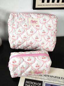 1 Piece Bow&Cherry Quilted Cosmetic Bag With Handle Bow Decor Makeup Bag Large-Capacity Portable Travel Cosmetic Pouch With Zipper, Sweet-Style Toiletry Bag, Makeup Storage Bag For Home, Travel, Daily Use, Women's Makeup Organizer To Store Makeup Tools, Makeup Brush Storage, Toiletry Travel Bag, Reusable Stuff Storage Bag, Coin Purse, Valentine's Day Gift, Bridesmaid Gift School Supplies Travel Essentials Make Up Bag Holiday Essentials Makeup Bags Makeup Pouch Holiday Winter Leopard Print Sausage Dog Gifts For Women - Multicolor - View 5